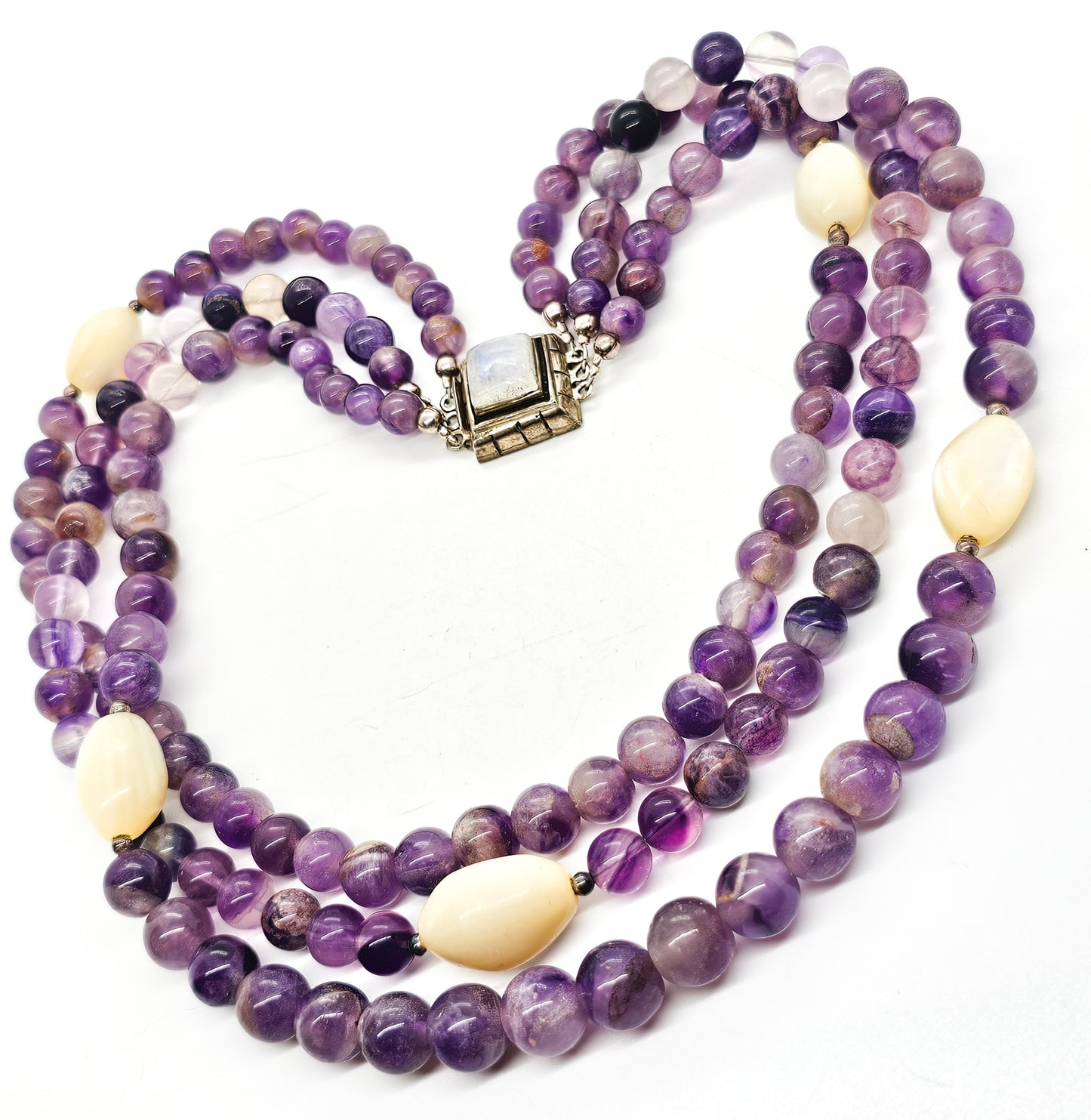 Purple Amethyst three strand beaded sterling silver flashy moonstone necklace
