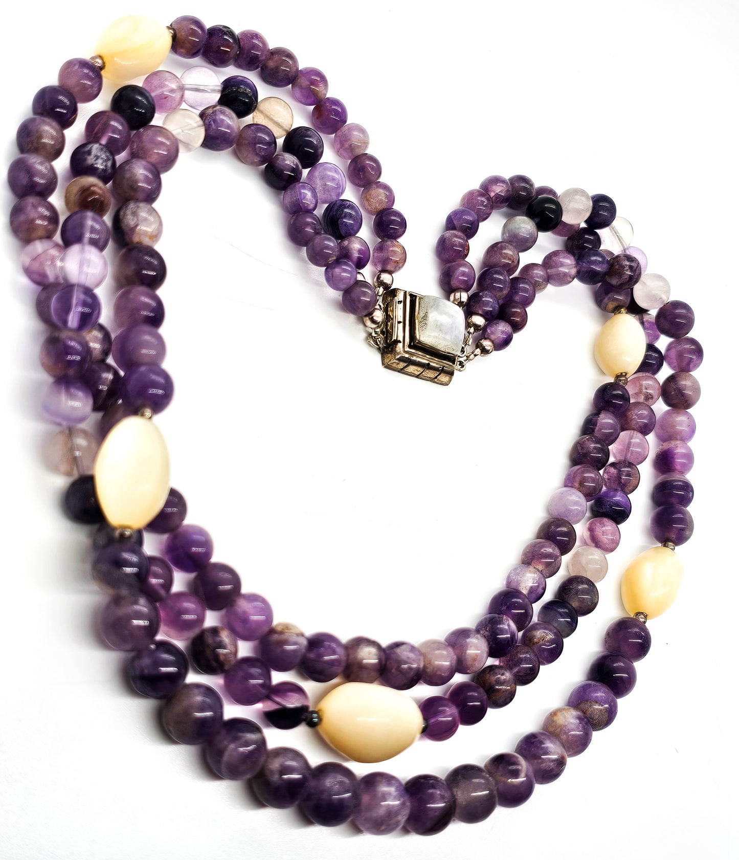 Purple Amethyst three strand beaded sterling silver flashy moonstone necklace