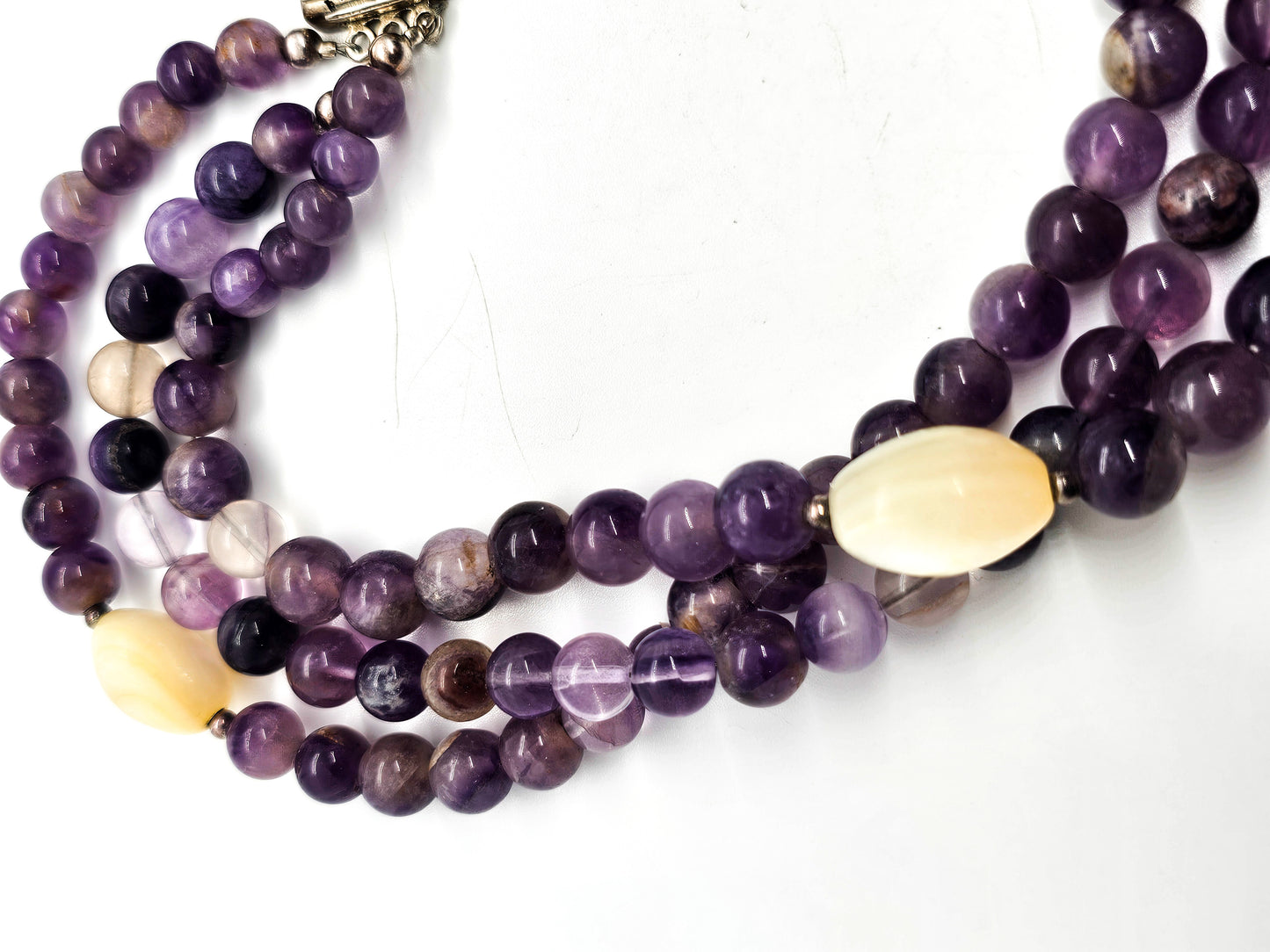 Purple Amethyst three strand beaded sterling silver flashy moonstone necklace