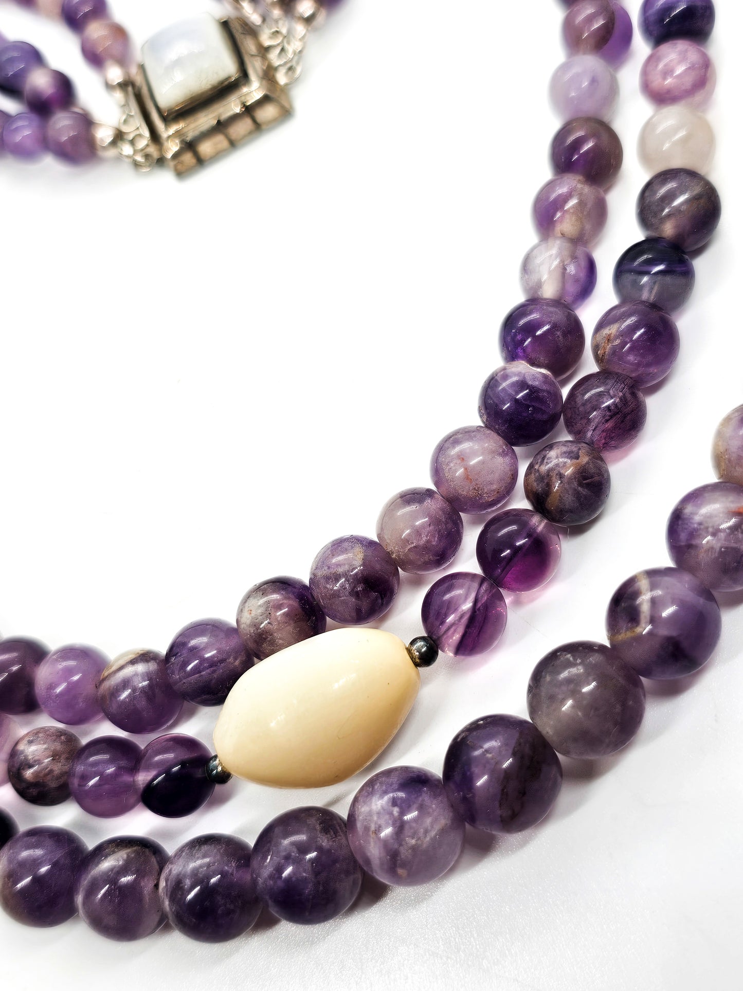 Purple Amethyst three strand beaded sterling silver flashy moonstone necklace