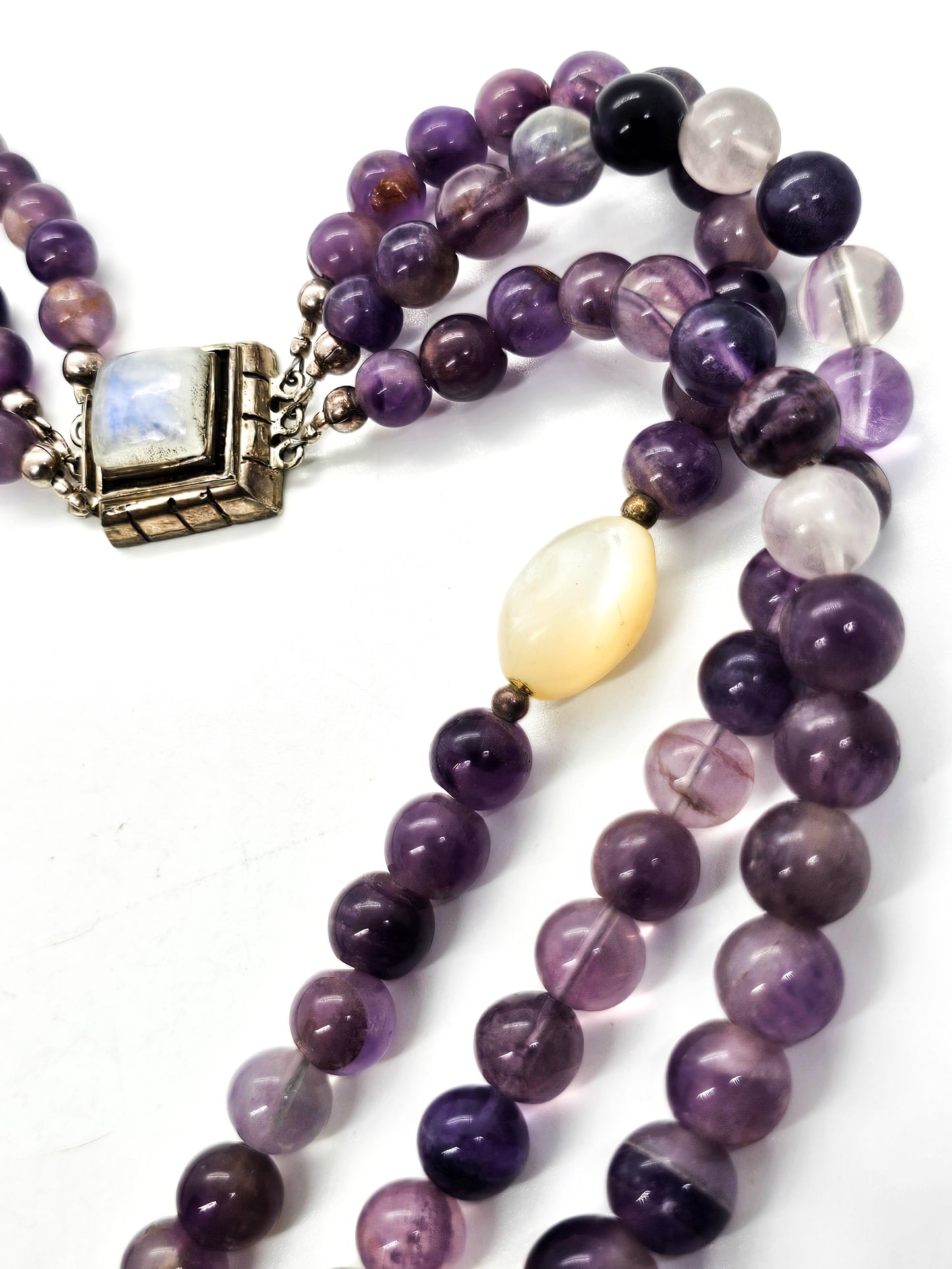 Purple Amethyst three strand beaded sterling silver flashy moonstone necklace