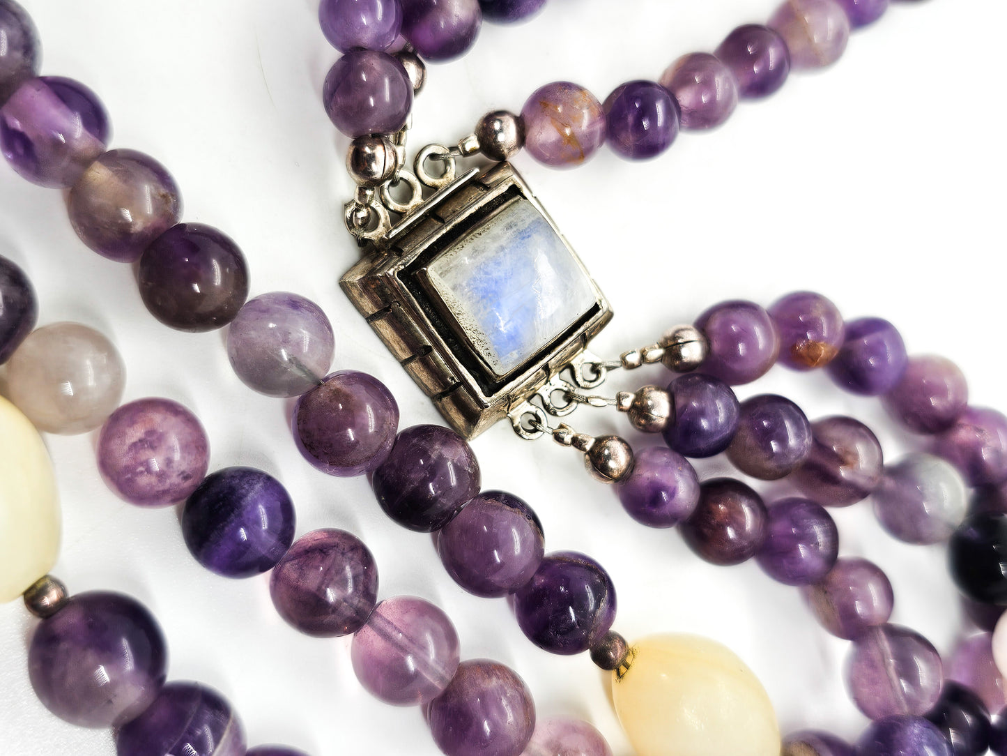 Purple Amethyst three strand beaded sterling silver flashy moonstone necklace