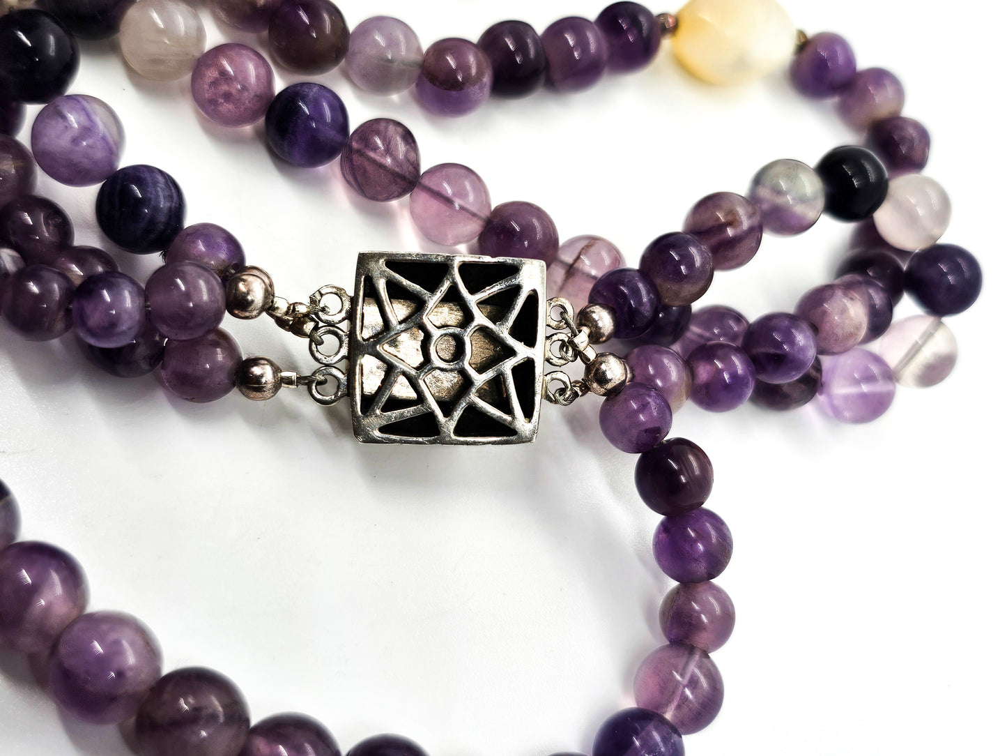 Purple Amethyst three strand beaded sterling silver flashy moonstone necklace