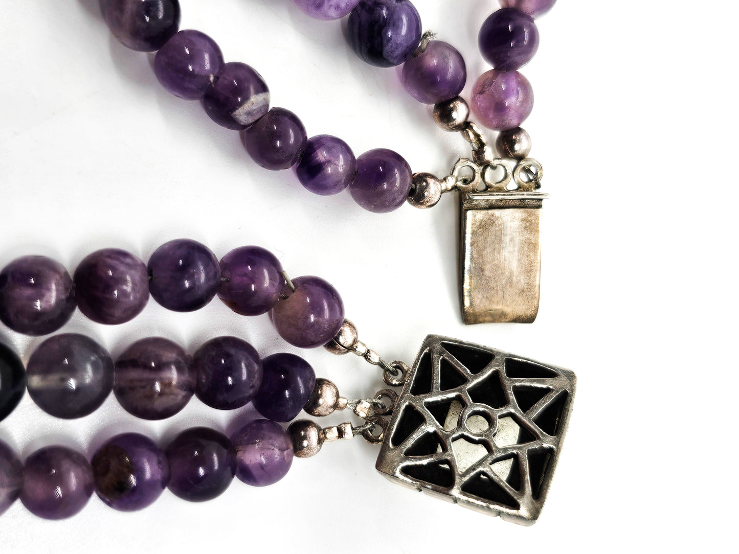 Purple Amethyst three strand beaded sterling silver flashy moonstone necklace