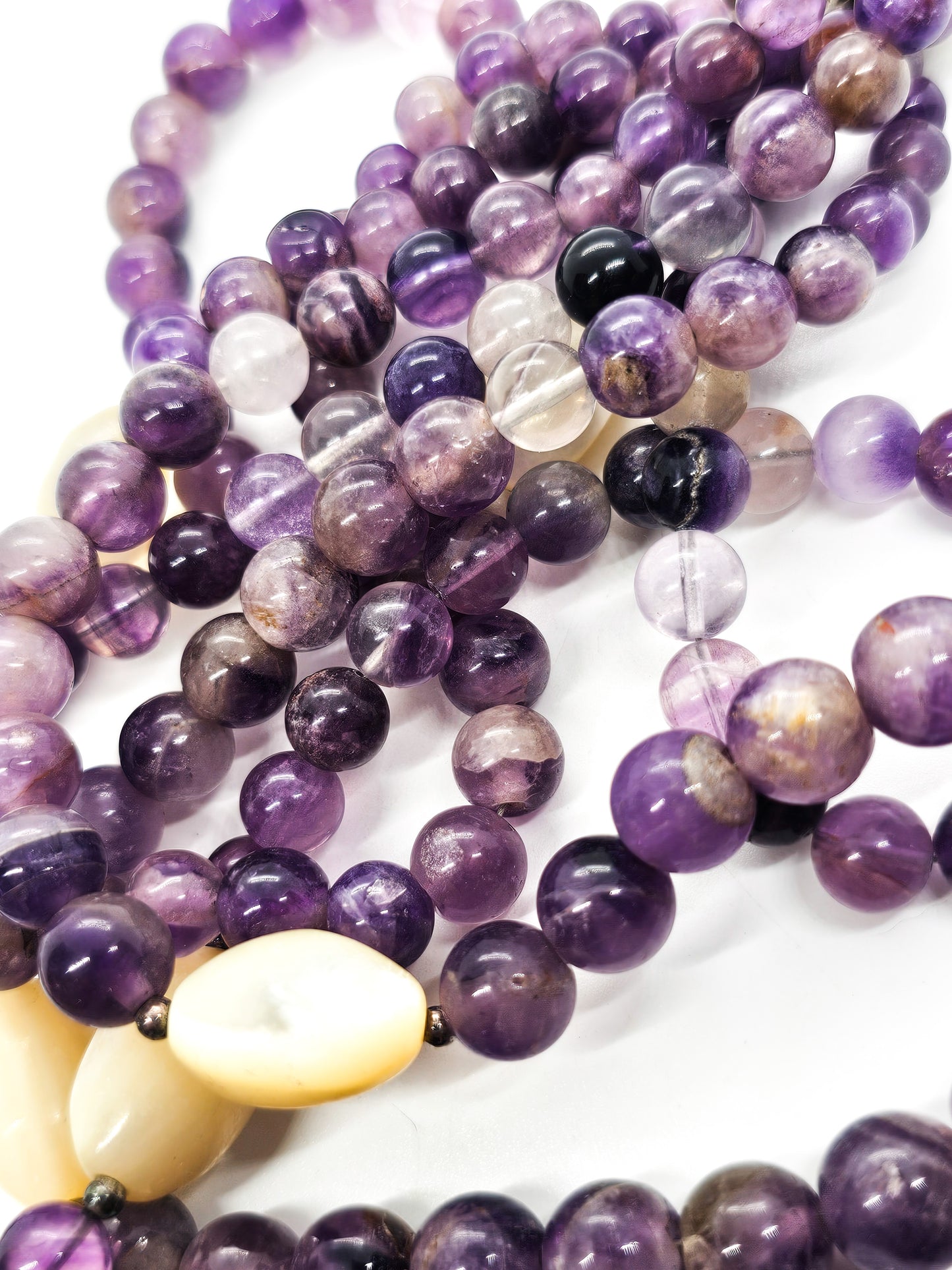 Purple Amethyst three strand beaded sterling silver flashy moonstone necklace