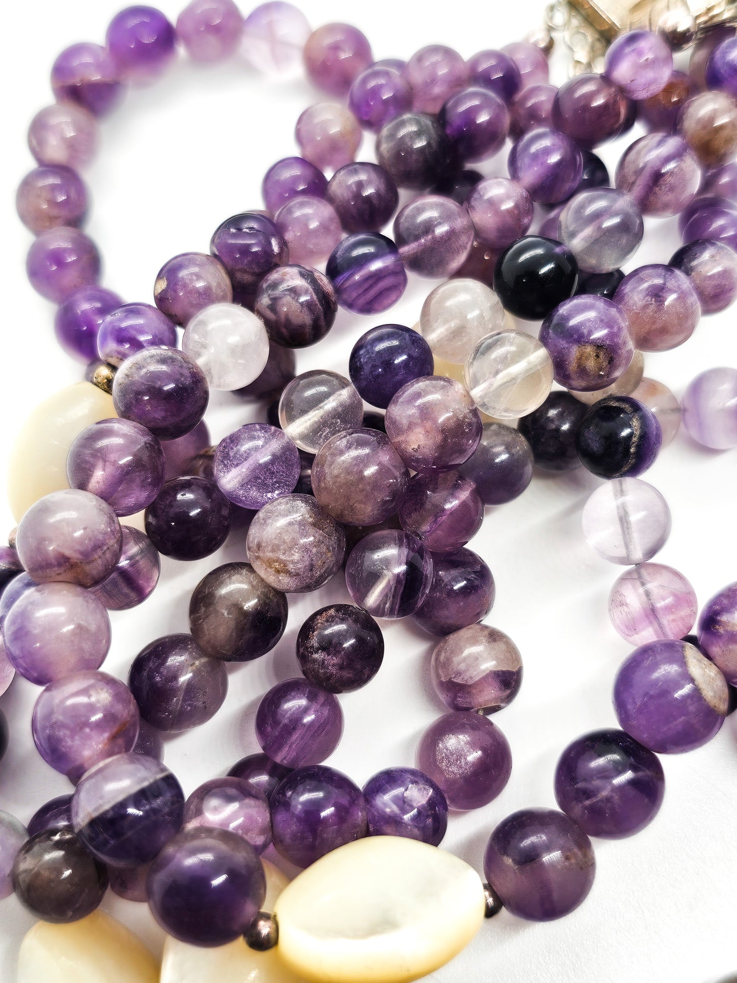 Purple Amethyst three strand beaded sterling silver flashy moonstone necklace