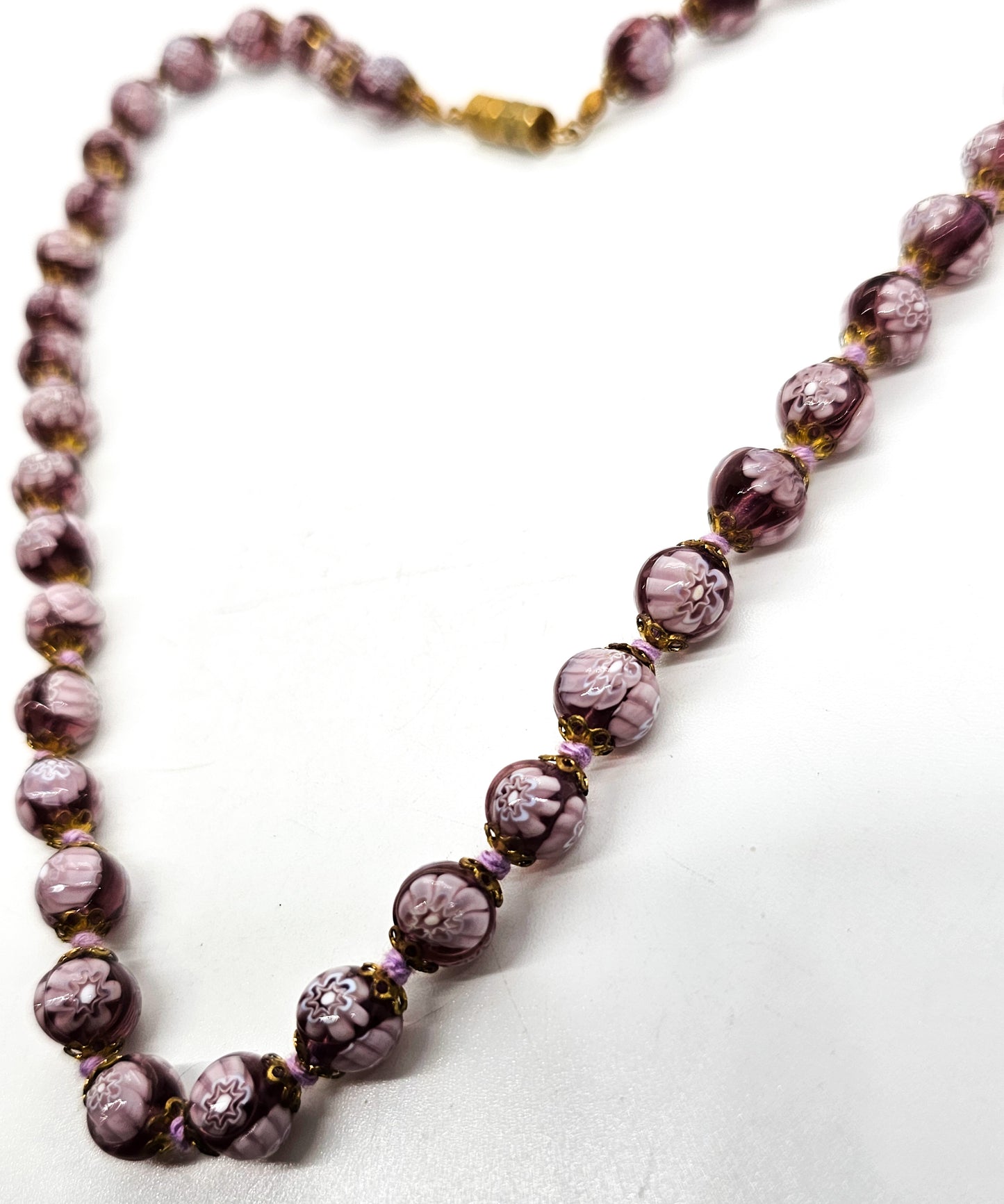 Murano Millefiori flower pink purple Italian glass vintage beaded silk knot necklace