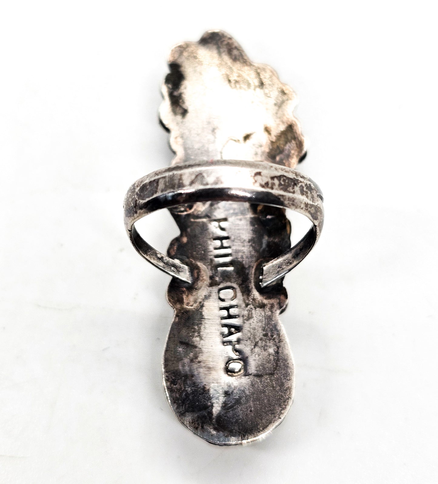 Phil Chapo turquoise and red coral Navajo Native American Sterling silver ring size 8