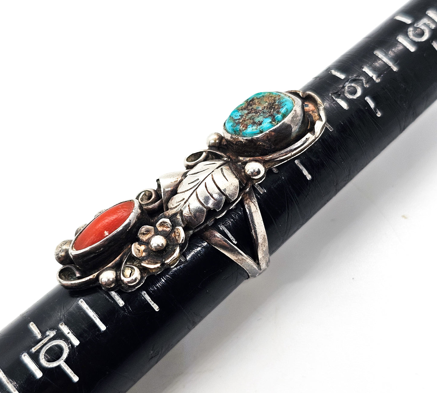 Phil Chapo turquoise and red coral Navajo Native American Sterling silver ring size 8