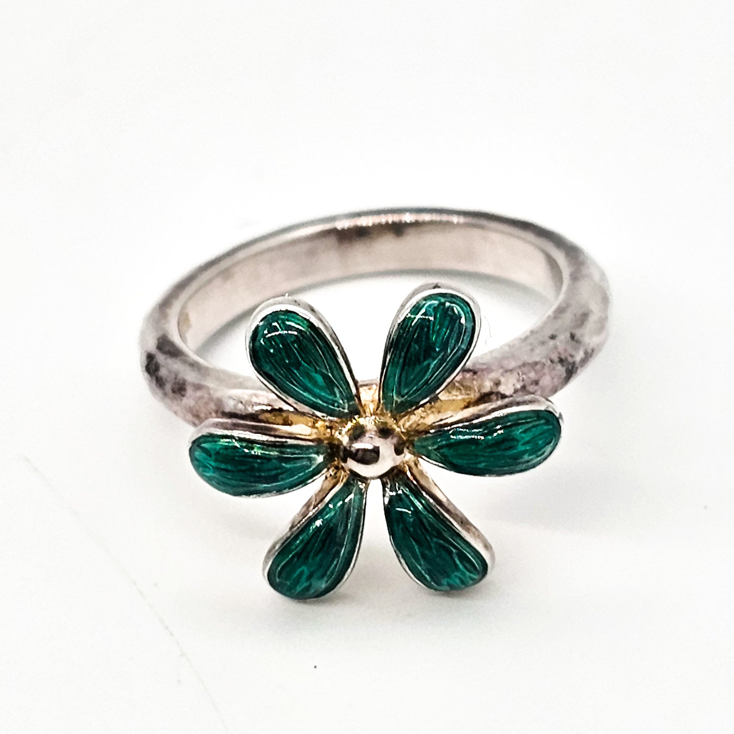 True Hearts green enamel guilloche hammered sterling silver ring size 7