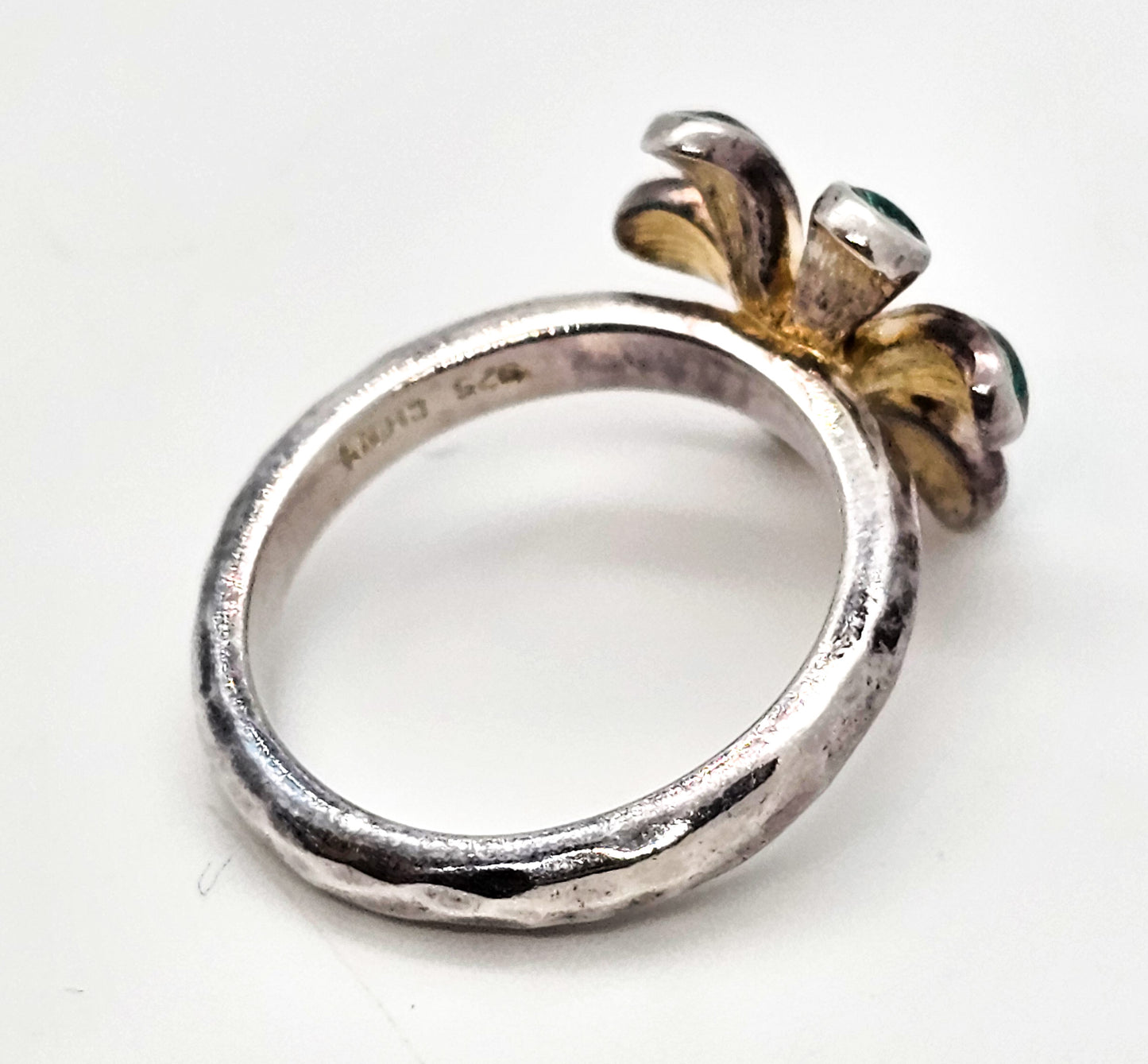True Hearts green enamel guilloche hammered sterling silver ring size 7