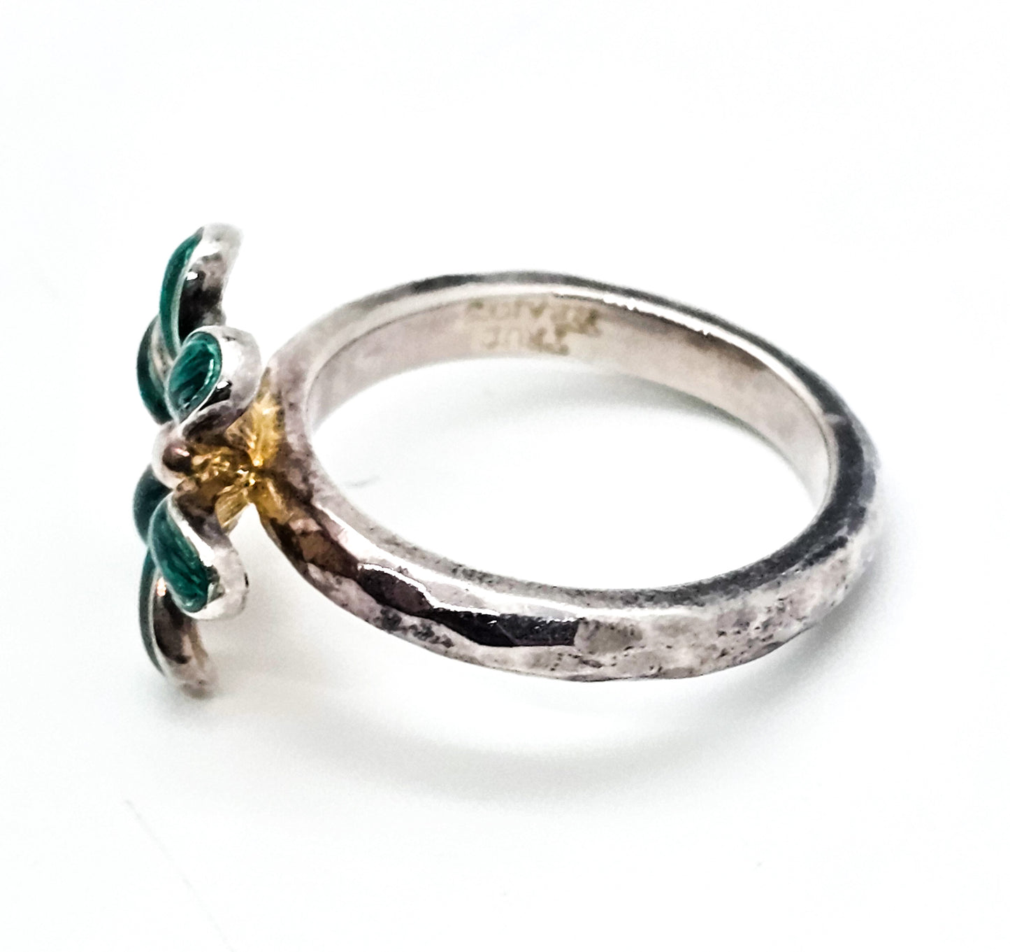True Hearts green enamel guilloche hammered sterling silver ring size 7