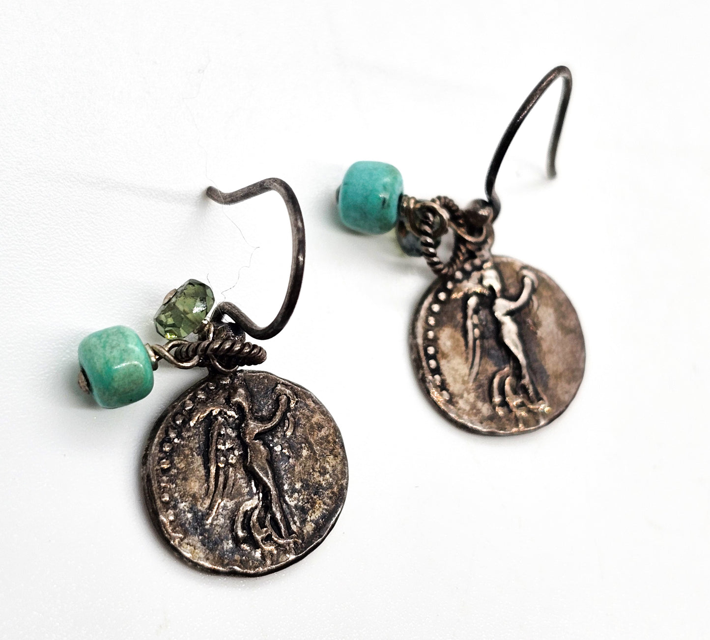 Sunken treasure sterling silver coin smoky topaz and turquoise earrings