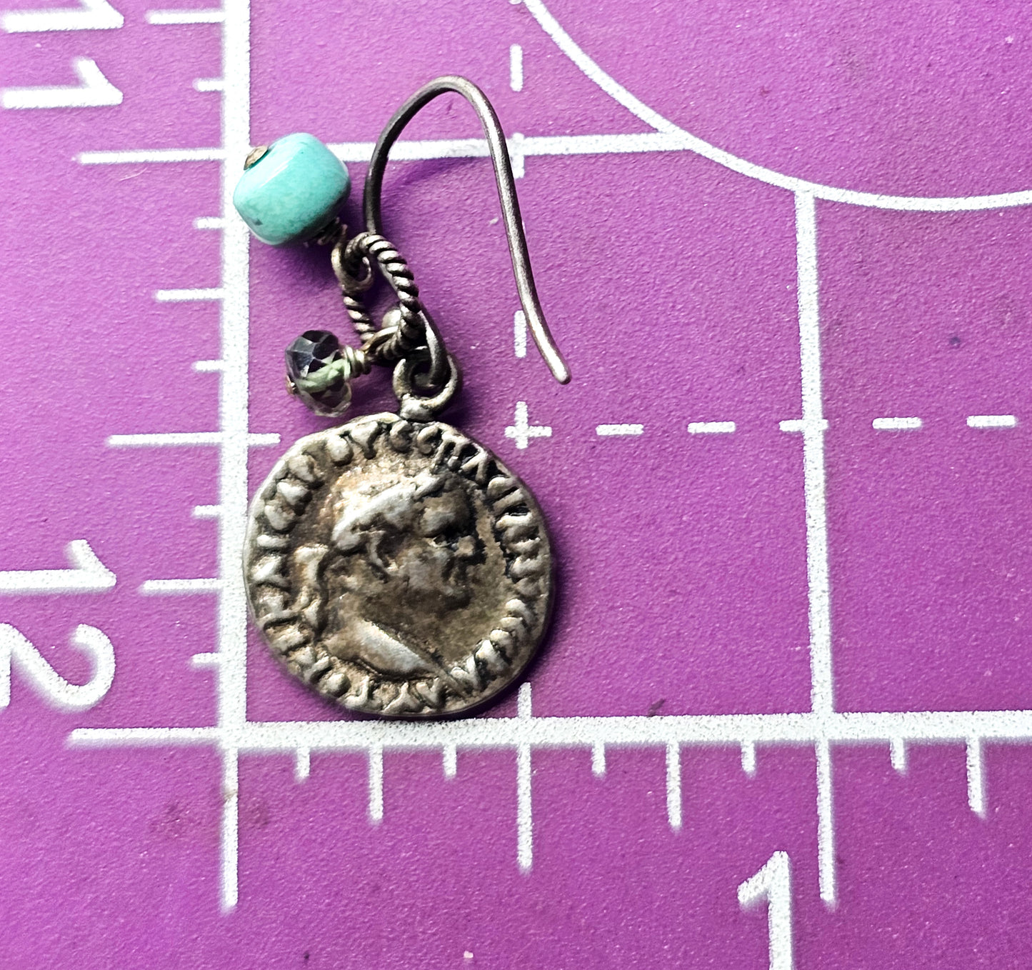 Sunken treasure sterling silver coin smoky topaz and turquoise earrings