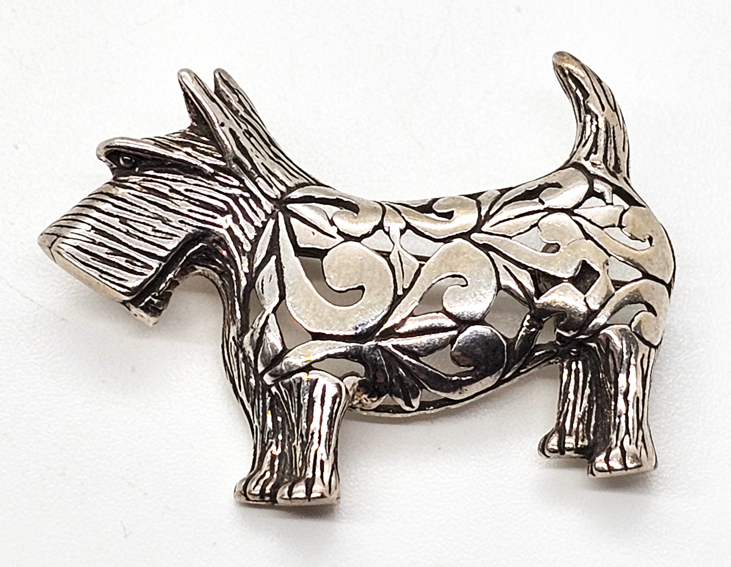 Jezlaine Scotty Dog figural vintage sterling silver tribal scroll dog canine brooch