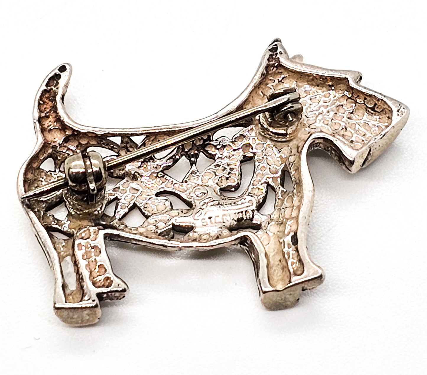 Jezlaine Scotty Dog figural vintage sterling silver tribal scroll dog canine brooch