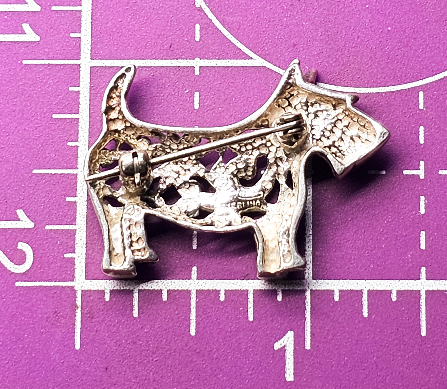 Jezlaine Scotty Dog figural vintage sterling silver tribal scroll dog canine brooch