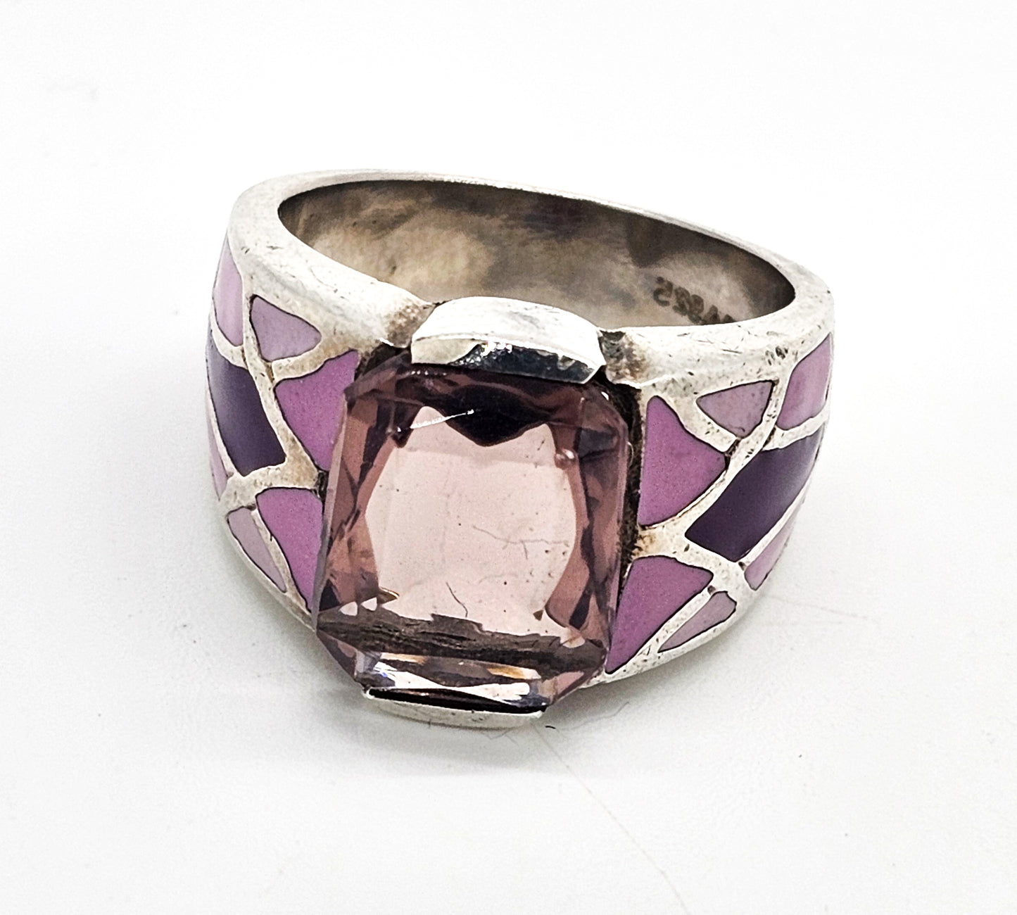 Pink and Purple Enamel purple amethyst solid sterling silver ring size 7