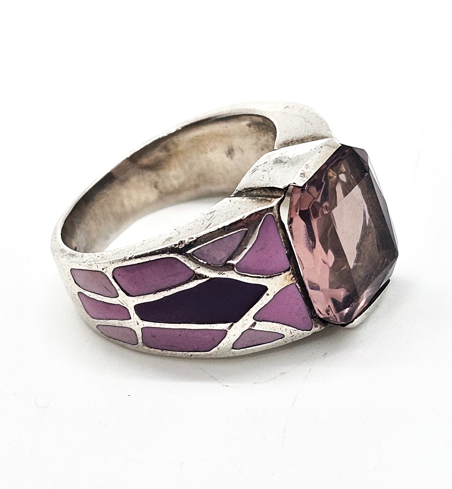 Pink and Purple Enamel purple amethyst solid sterling silver ring size 7