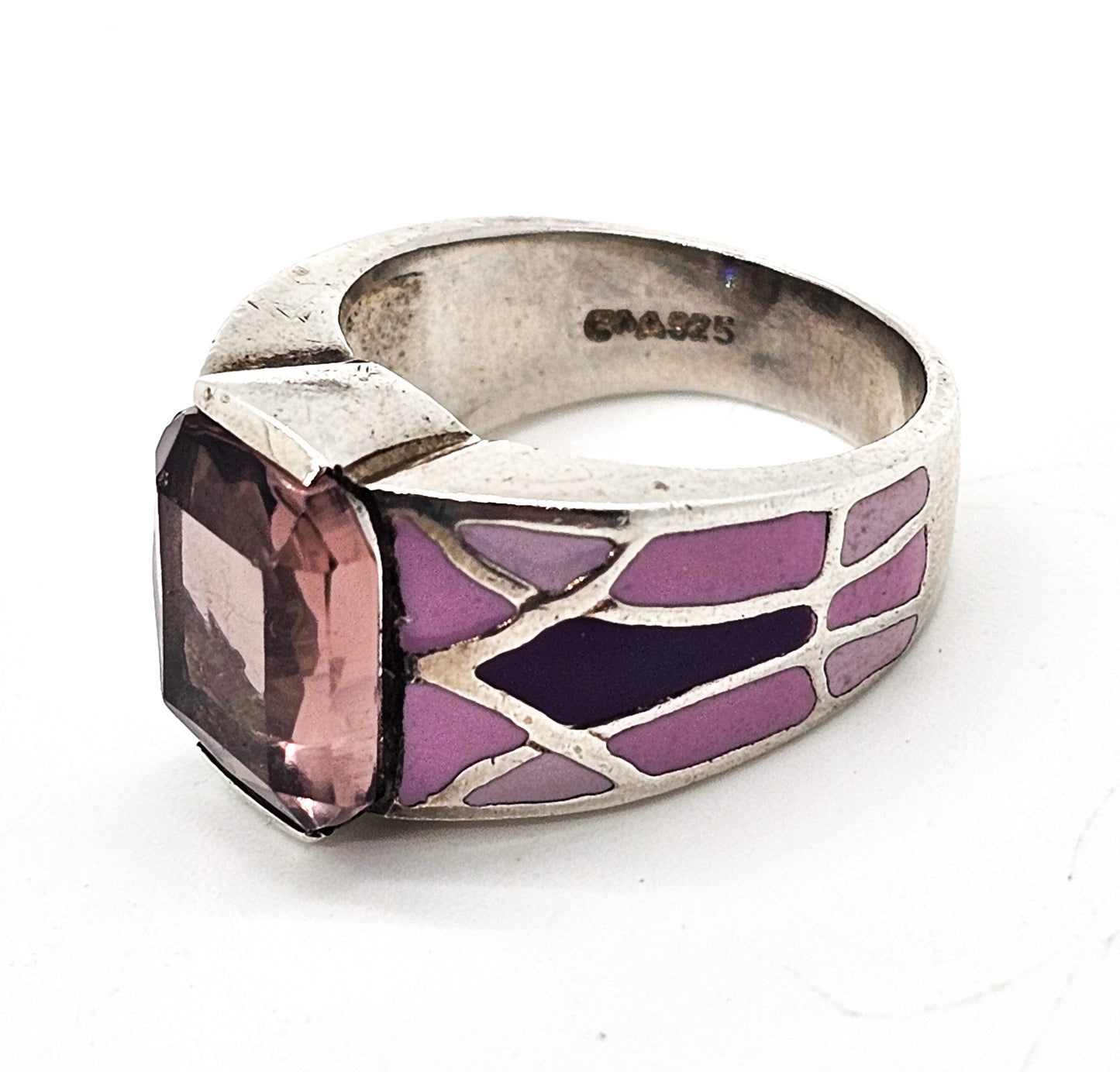 Pink and Purple Enamel purple amethyst solid sterling silver ring size 7