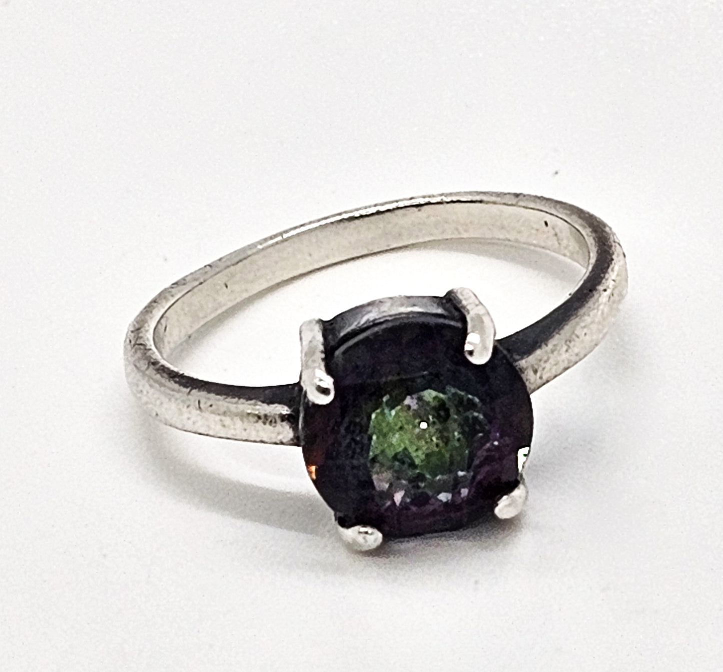 Mystic Topaz faceted round solitaire used sterling silver ring size 8