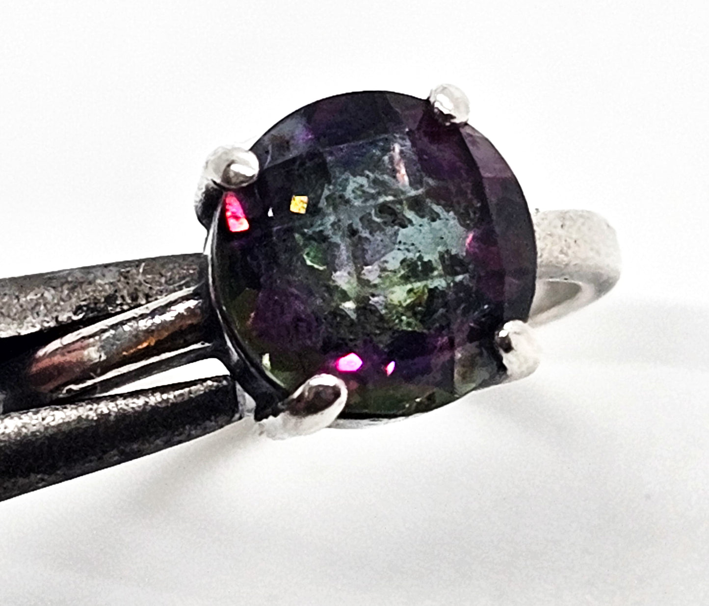 Mystic Topaz faceted round solitaire used sterling silver ring size 8