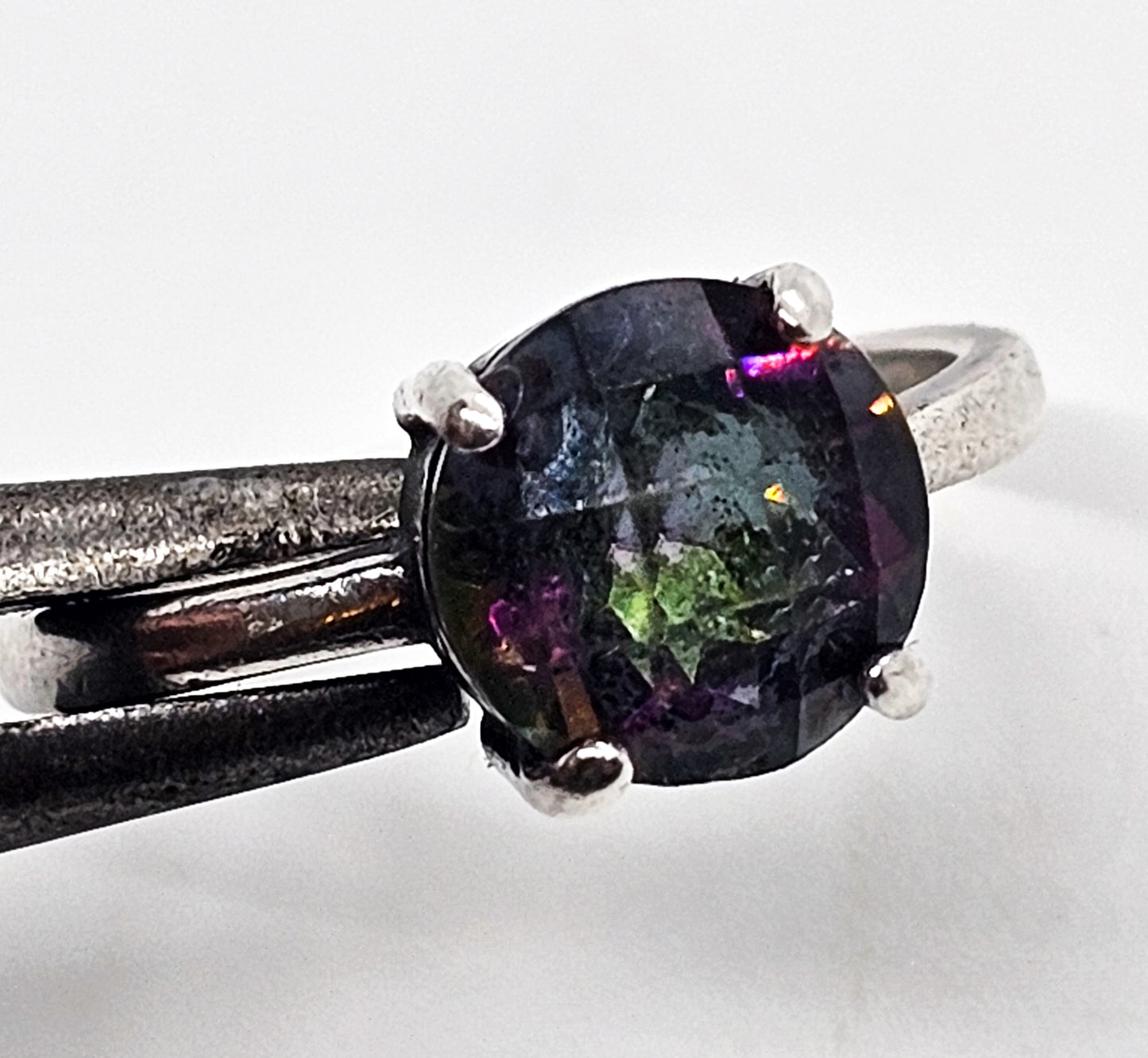 Mystic Topaz faceted round solitaire used sterling silver ring size 8