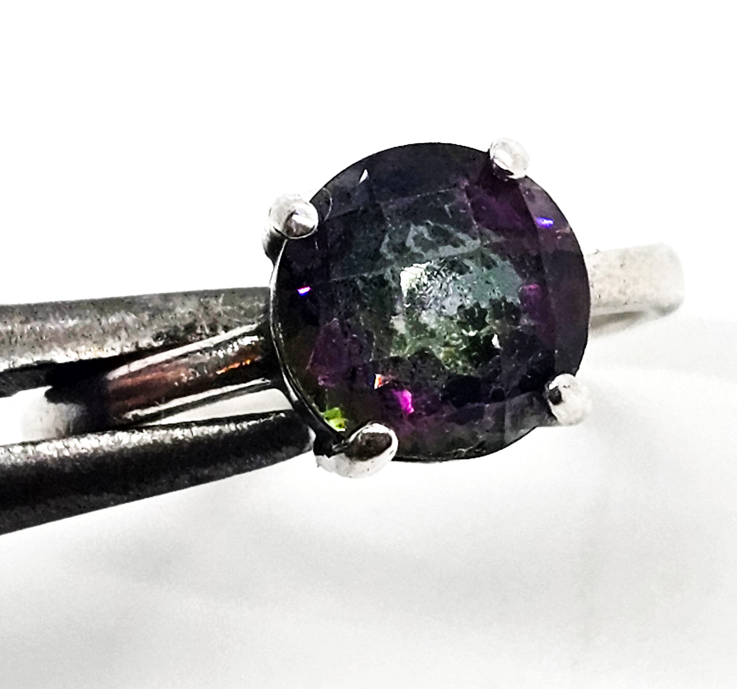 Mystic Topaz faceted round solitaire used sterling silver ring size 8
