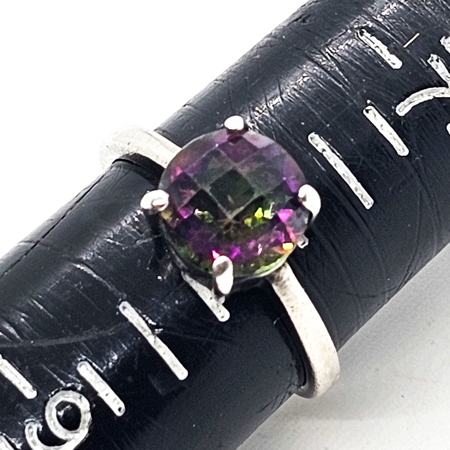 Mystic Topaz faceted round solitaire used sterling silver ring size 8