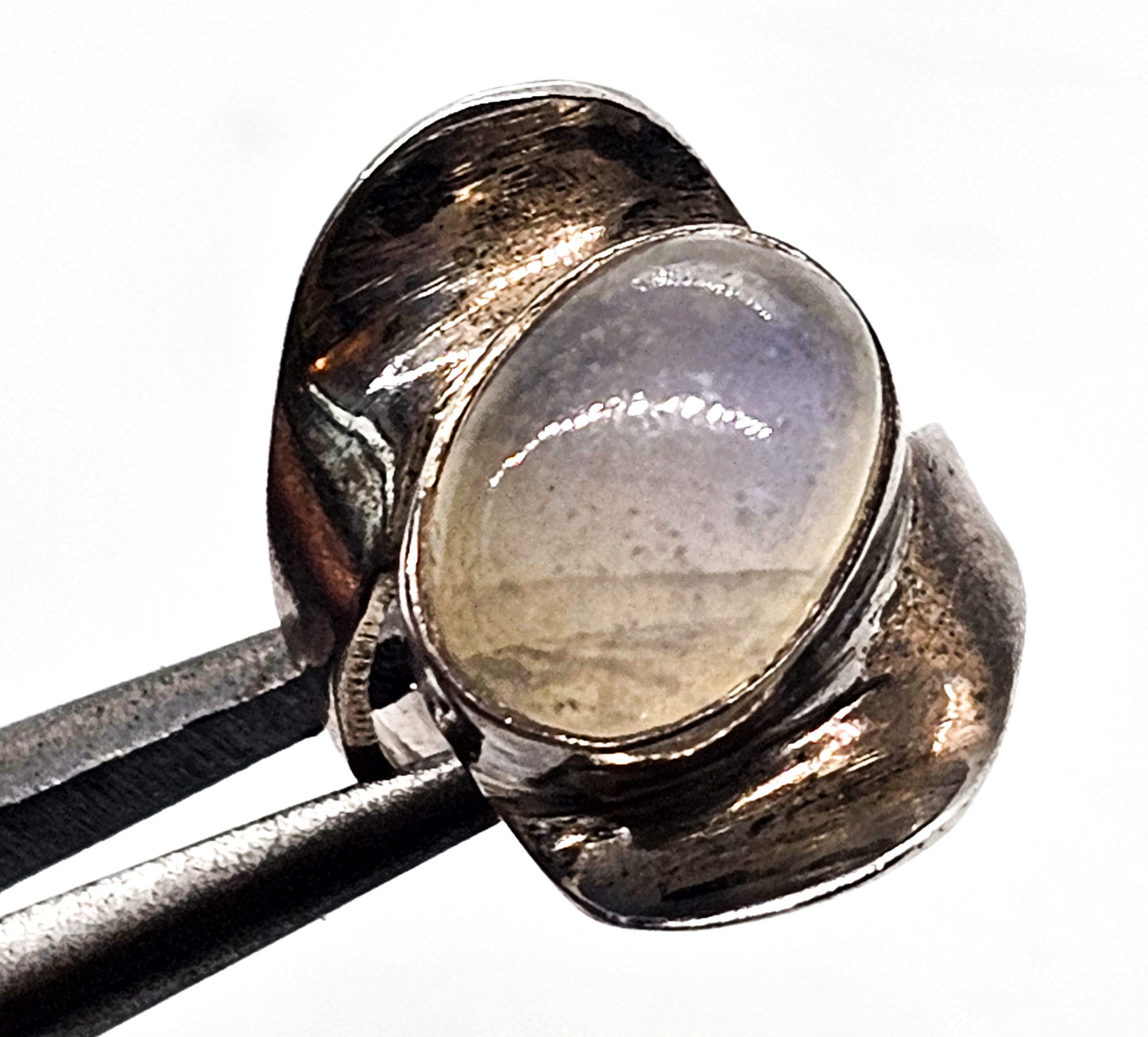 Modernist Abstract flashy blue moonstone large sterling silver ring size 5