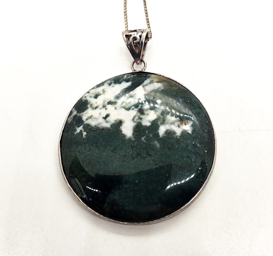 Moss Tree Agate large green gemstone sterling silver pendant necklace