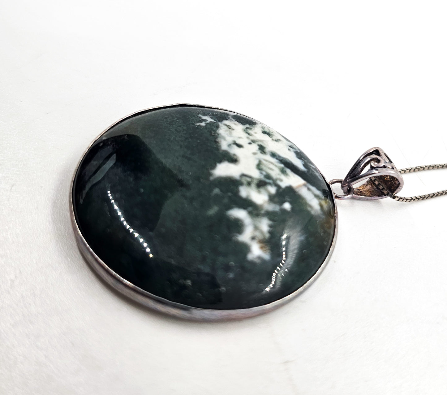 Moss Tree Agate large green gemstone sterling silver pendant necklace