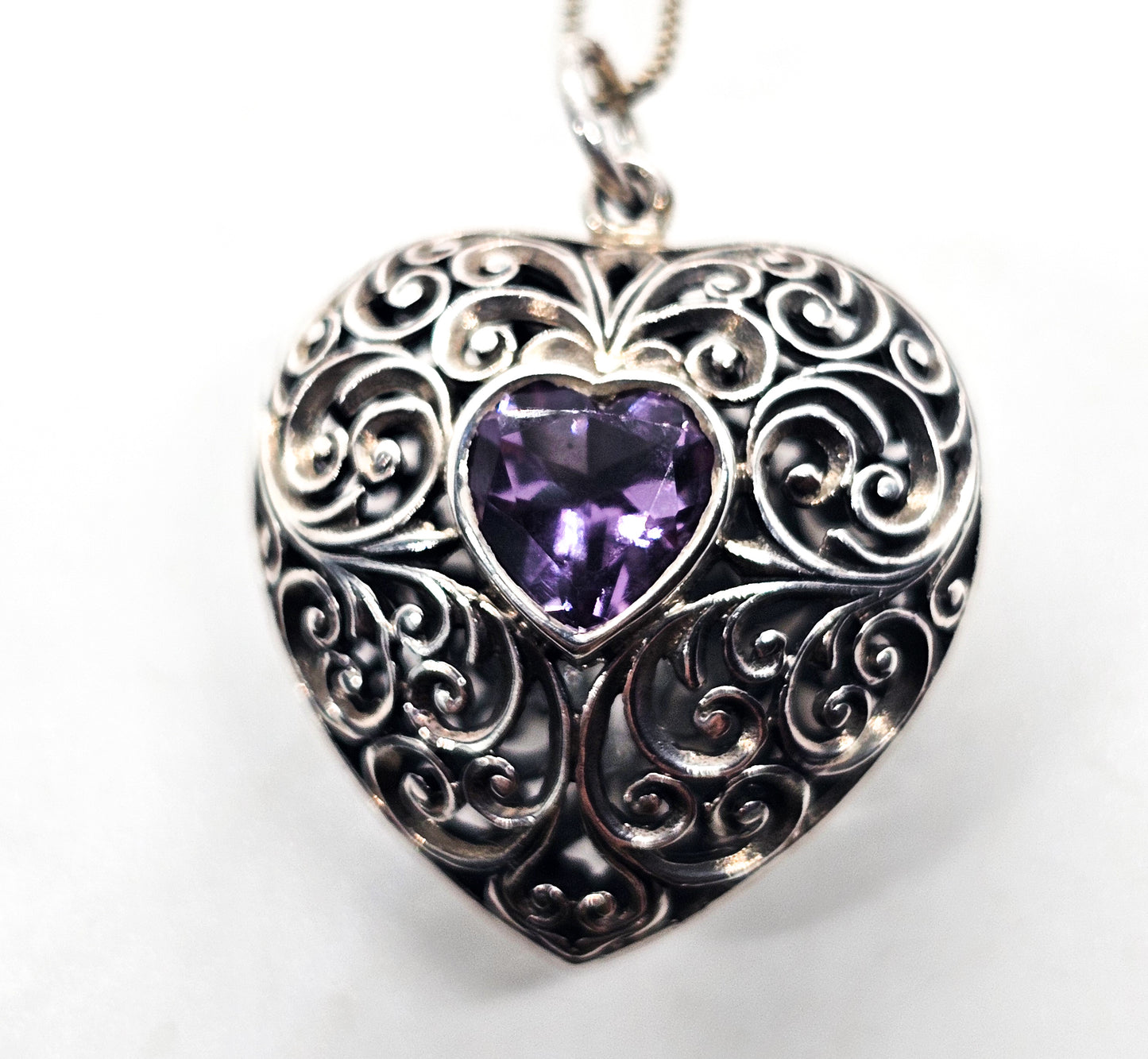 Amethyst purple gemstone heart filigree open work large puffy sterling silver necklace