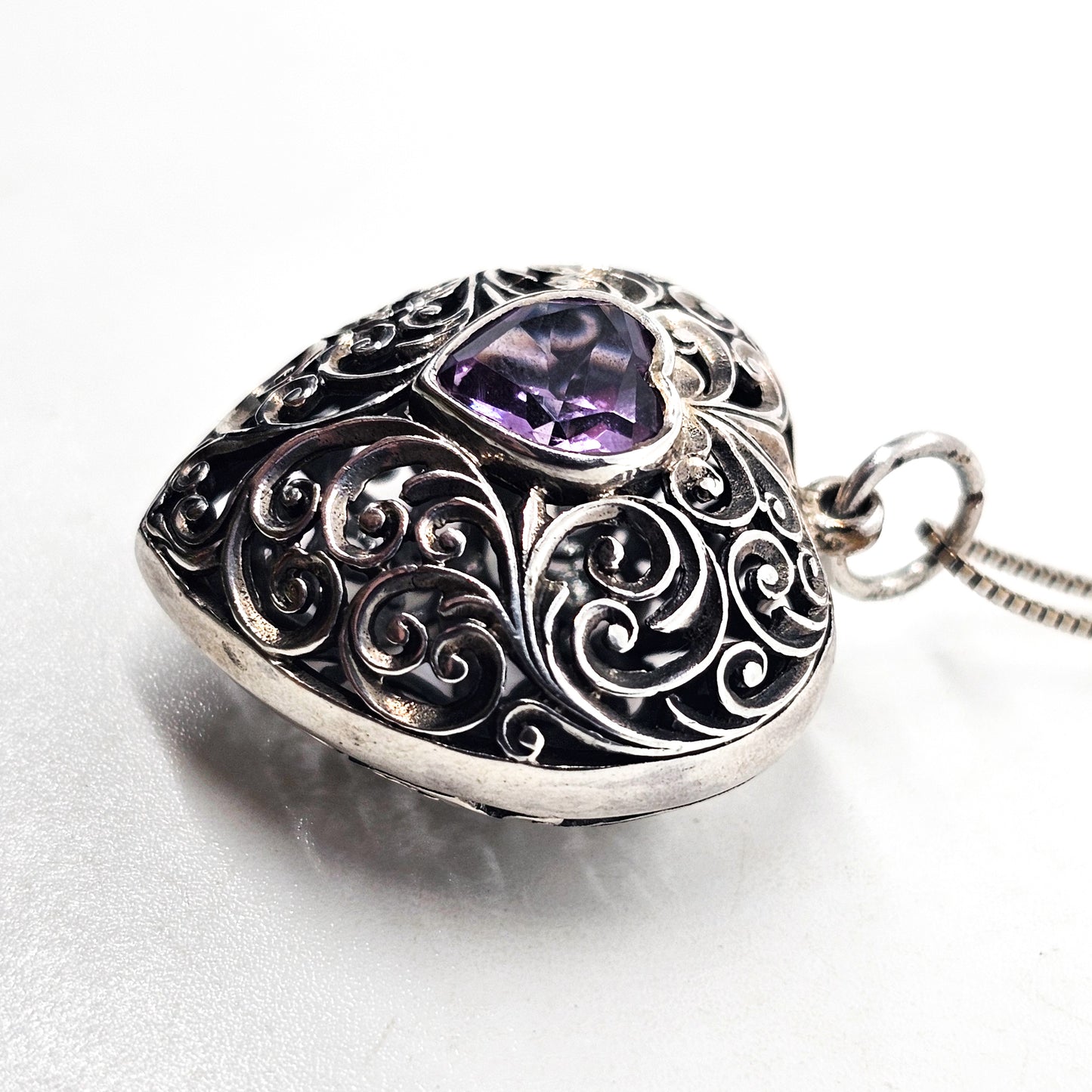 Amethyst purple gemstone heart filigree open work large puffy sterling silver necklace