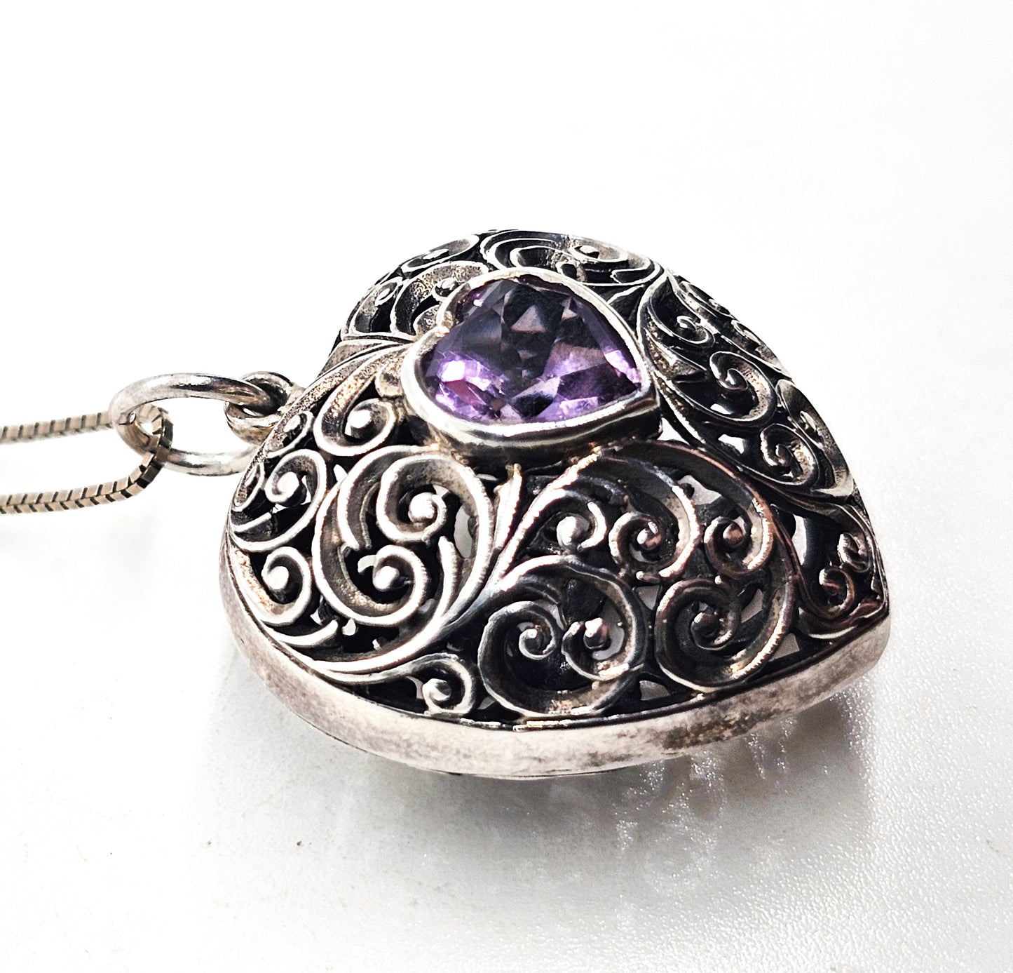 Amethyst purple gemstone heart filigree open work large puffy sterling silver necklace