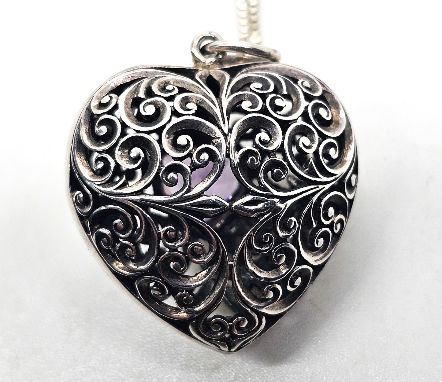 Amethyst purple gemstone heart filigree open work large puffy sterling silver necklace