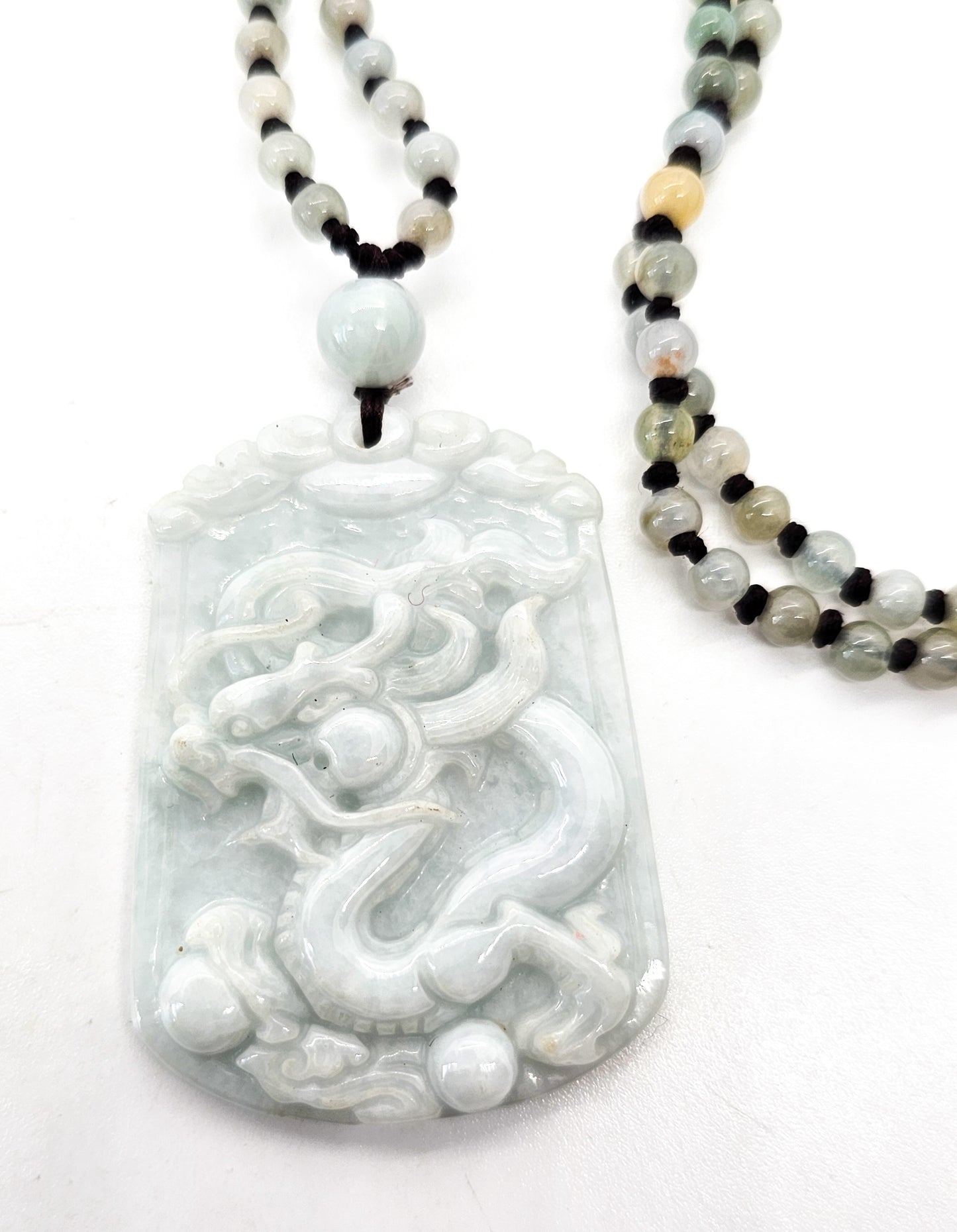 Feng Shui Chinese carved Jade Dragon beaded pendant adjustable corded necklace