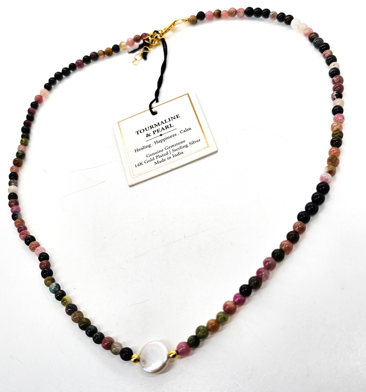 Rainbow Tourmaline pink pearl beaded gemstone 14k gold plated sterling silver necklace