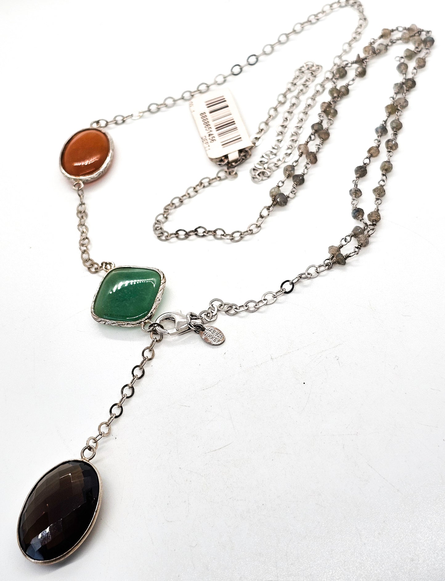 Colleen Lopez smoky quartz, chrysoprase jade & labradorite sterling silver station necklace