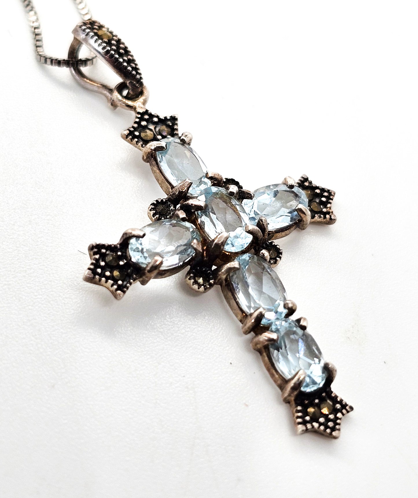 Blue topaz and marcasite sterling silver cross gemstone necklace