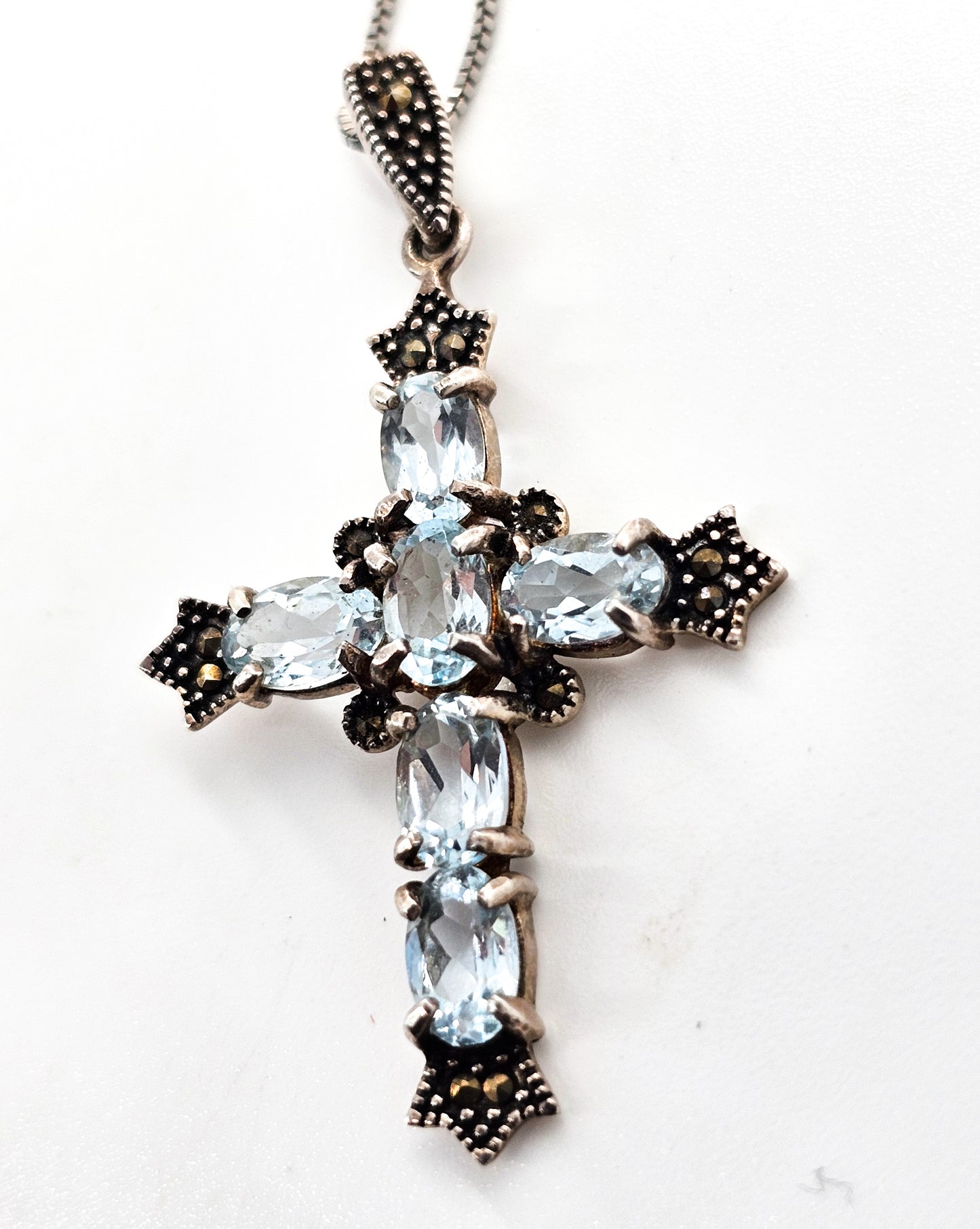 Blue topaz and marcasite sterling silver cross gemstone necklace