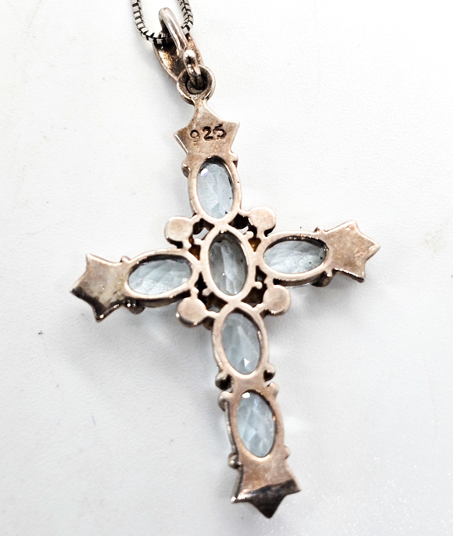 Blue topaz and marcasite sterling silver cross gemstone necklace