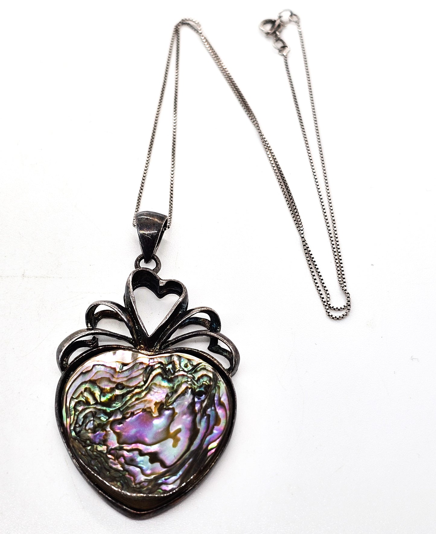 Abalone heart open work large sterling silver vintage pendant necklace