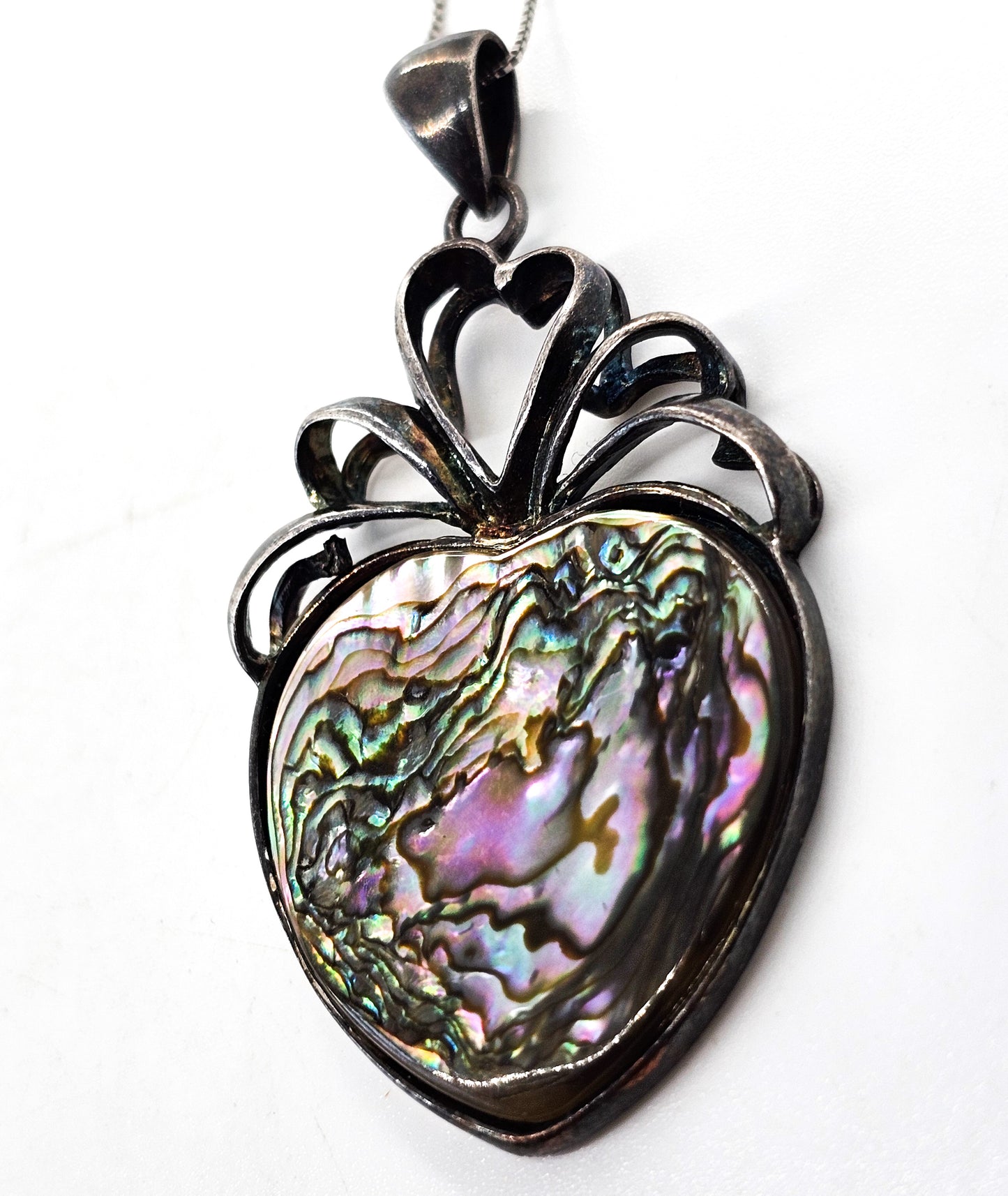 Abalone heart open work large sterling silver vintage pendant necklace