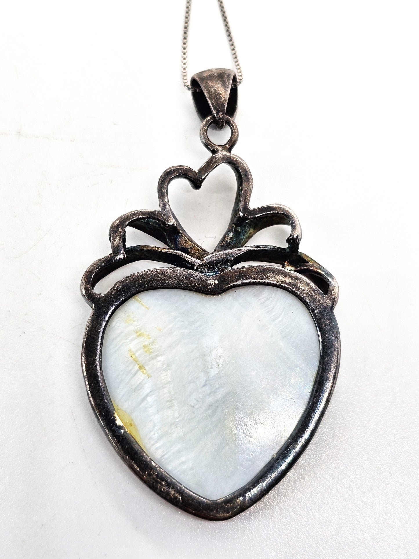 Abalone heart open work large sterling silver vintage pendant necklace