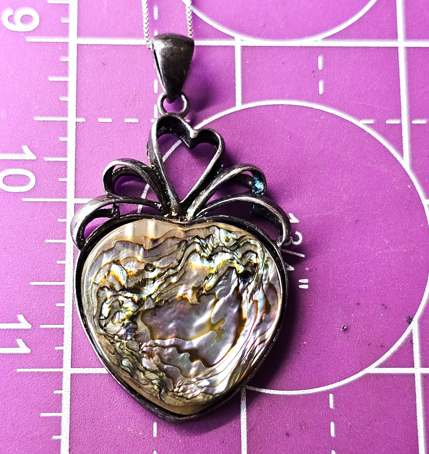 Abalone heart open work large sterling silver vintage pendant necklace