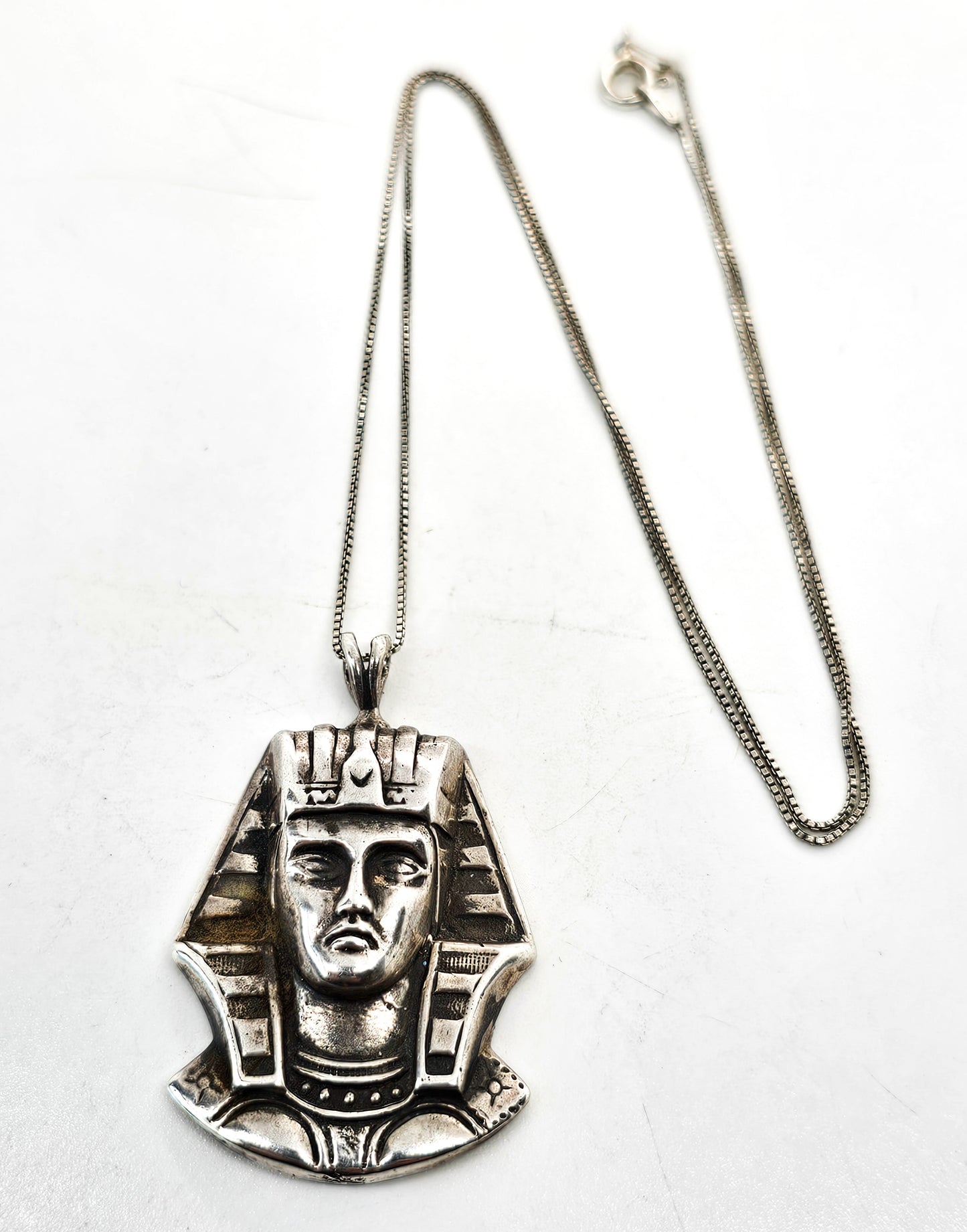Egyptian Revival King Tut pharaoh vintage sterling silver pendant necklace