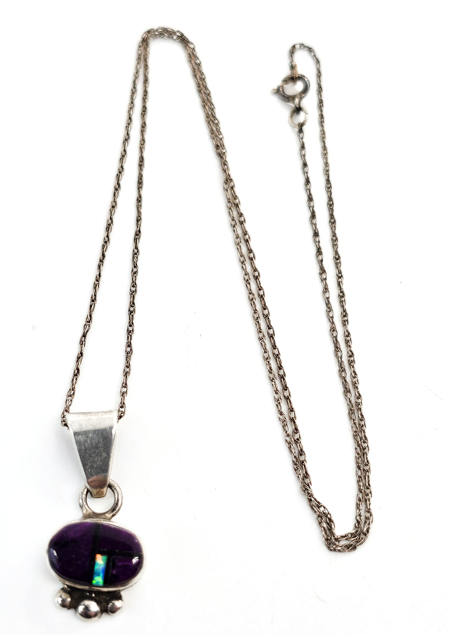 Opal, Onyx and purple Charoite gemstone inlay vintage sterling silver necklace