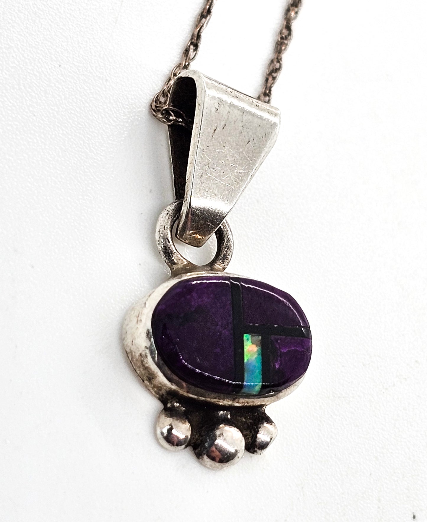 Opal, Onyx and purple Charoite gemstone inlay vintage sterling silver necklace