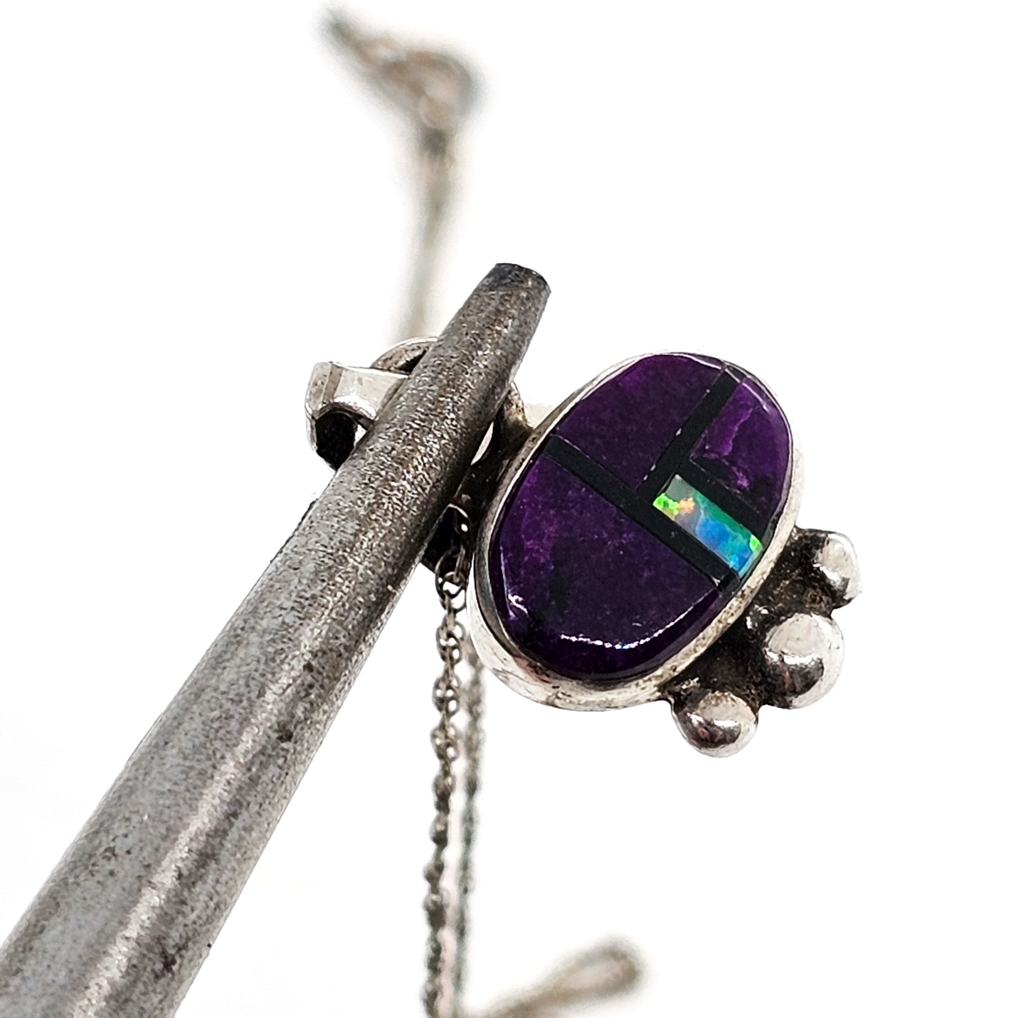 Opal, Onyx and purple Charoite gemstone inlay vintage sterling silver necklace